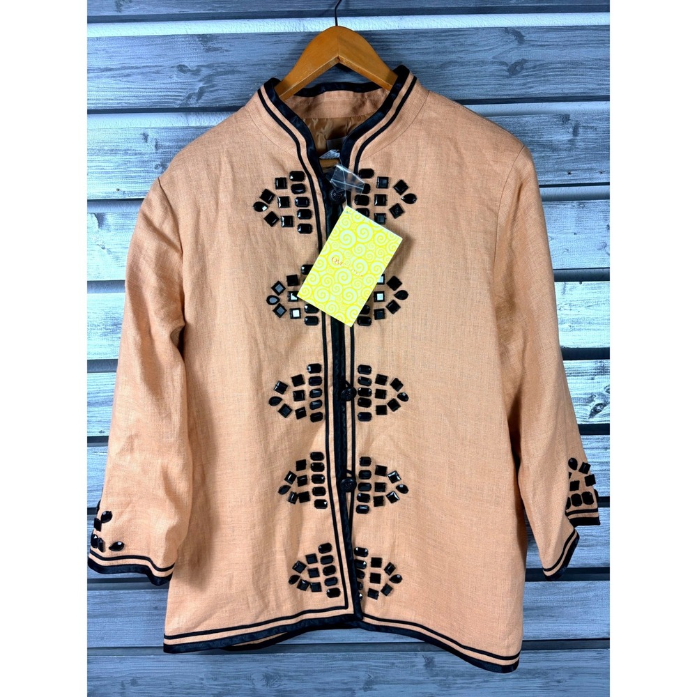 Linea by Louis Dell'Olio 100% Linen Beaded Jacket Beige Black Trim XL